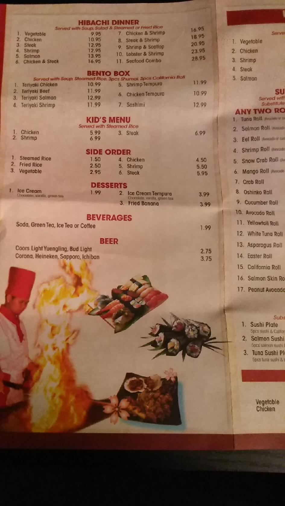 Menu at Yamazaki Sushi and Hibachi restaurant Columbus