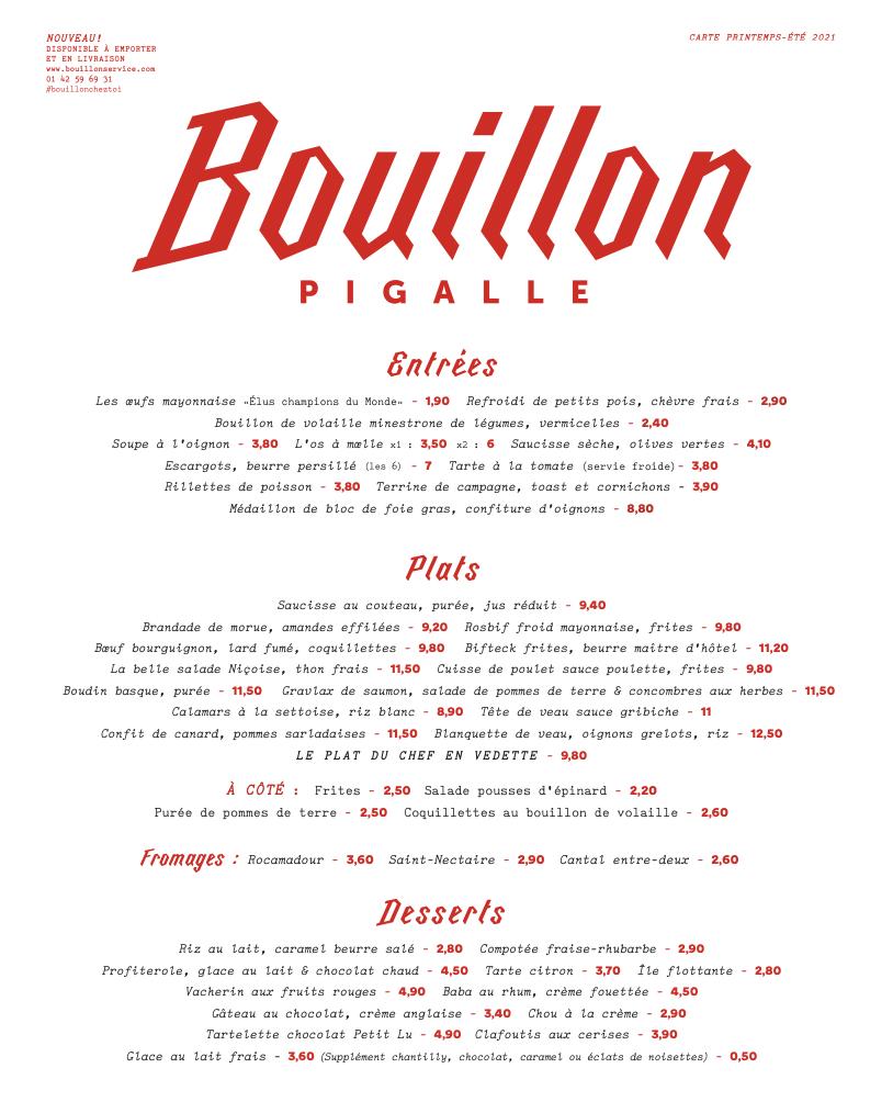 Menu at Bouillon Pigalle restaurant, Paris