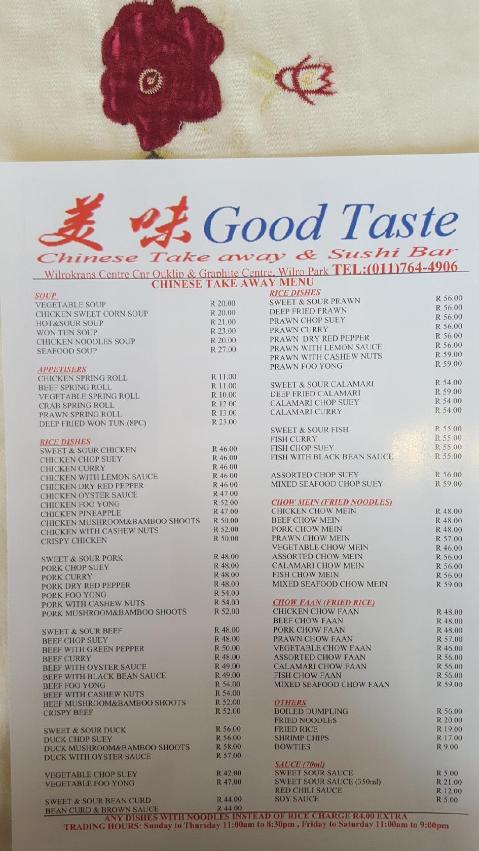 Menu at Good Taste restaurant, Roodepoort, Wilrokrans Shopping Centre