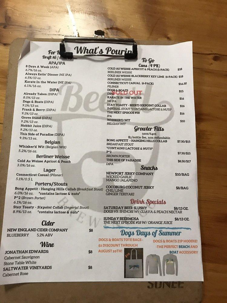 Menu at Beer'd Brewing Co pub & bar, Stonington