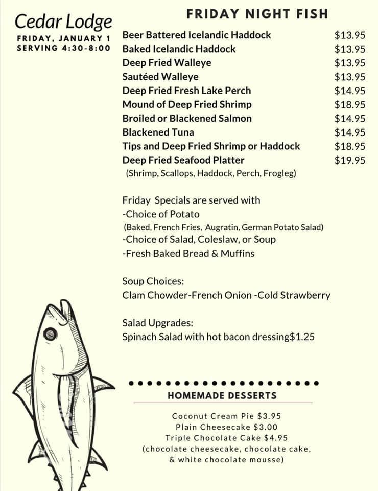 Menu at Cedar Lodge Supper Club, Calumetville