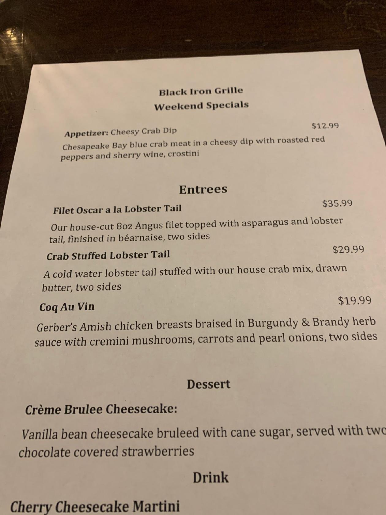 Menu at Black Iron Grille steakhouse, Kent