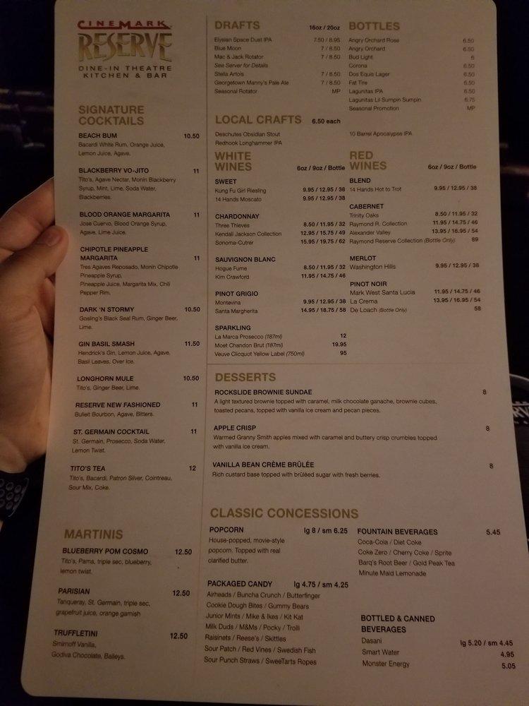 Menu at Cinemark Reserve Lincoln Square — DineIn 21+ pub & bar, Bellevue