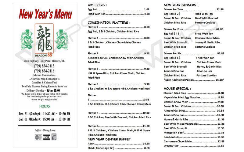 Menu at Dragon 88 restaurant, Conception Bay South