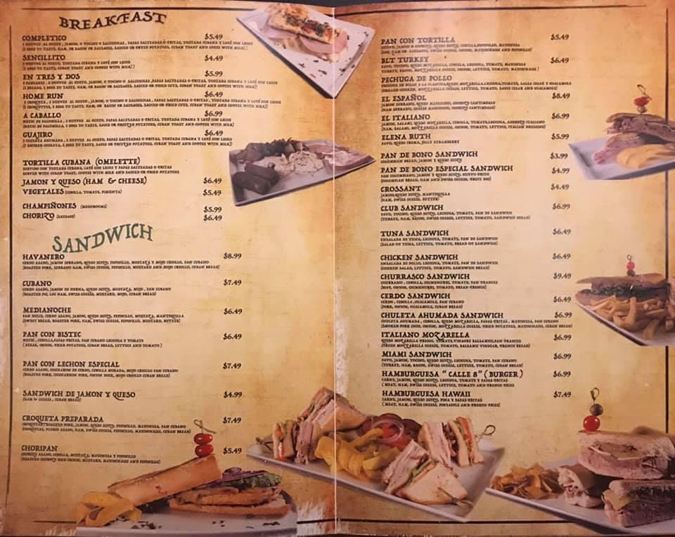 Menu at Havana restaurant, Miami