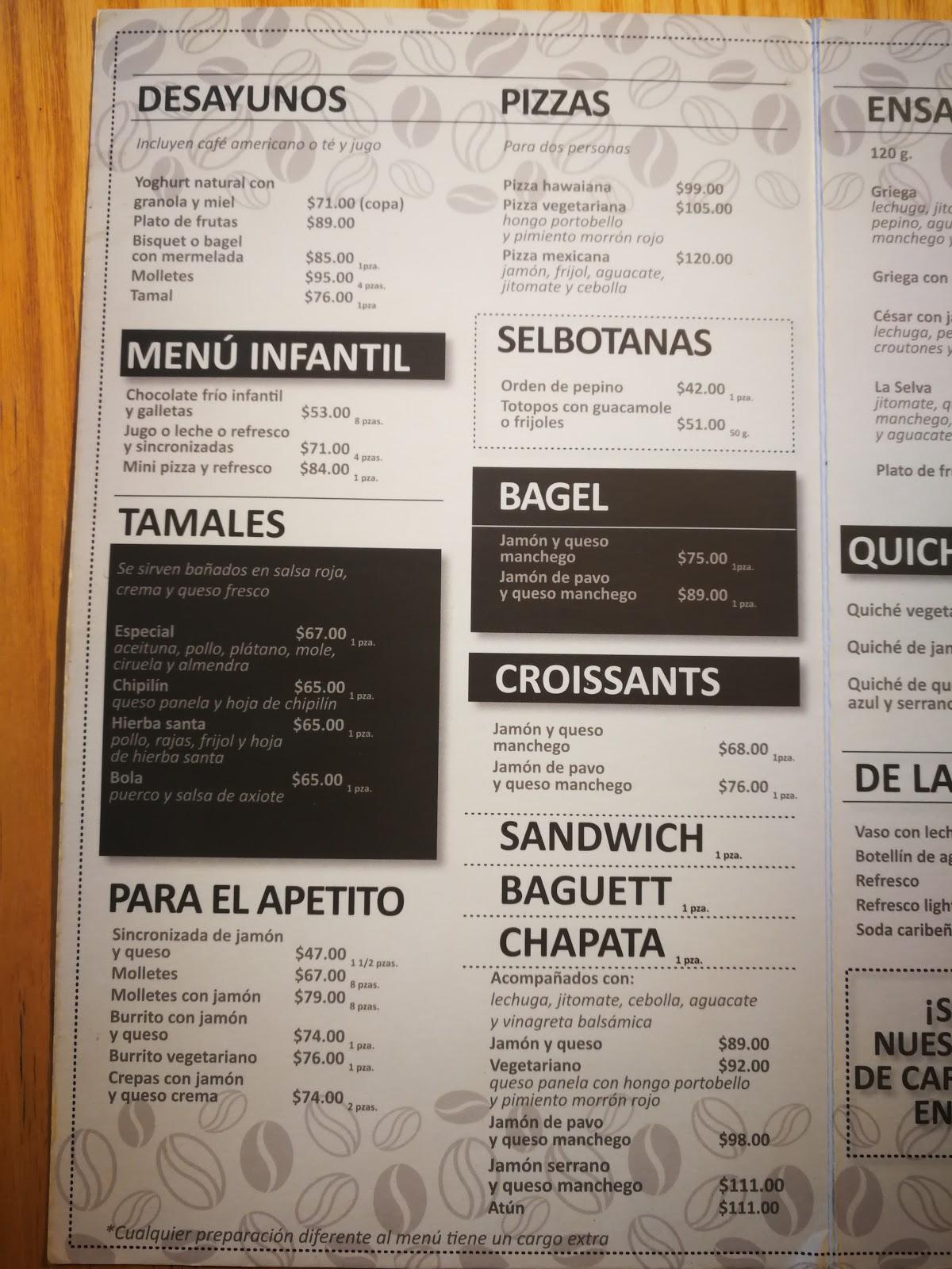 Menu at La Selva Café, Mexico City, Av. Miguel Ángel de Quevedo 115