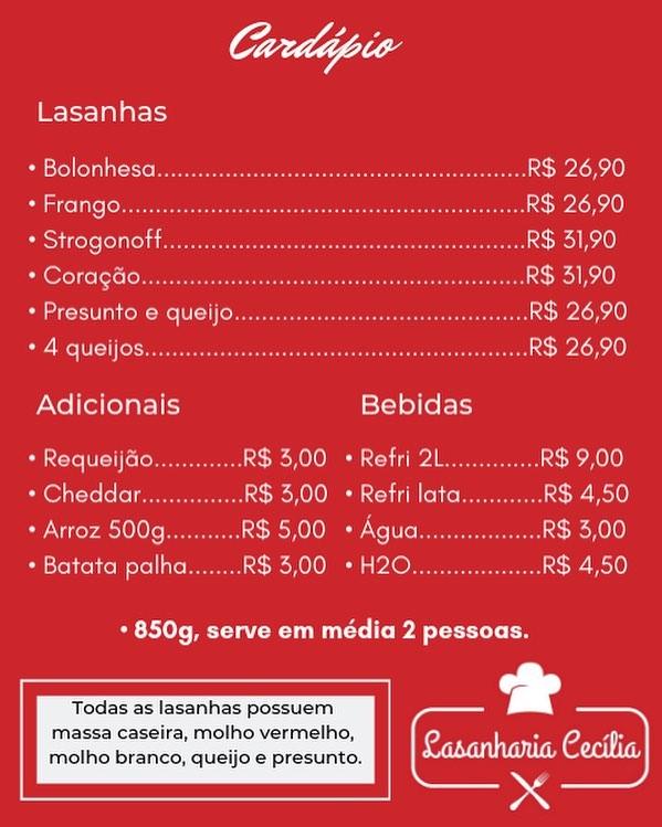 Menu at Lasanharia Cecília restaurant, Cachoeirinha