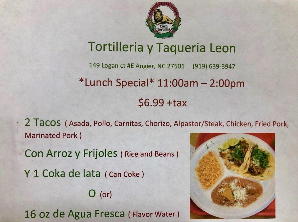 Menu at Tortilleria Y Taqueria Leon restaurant, Angier