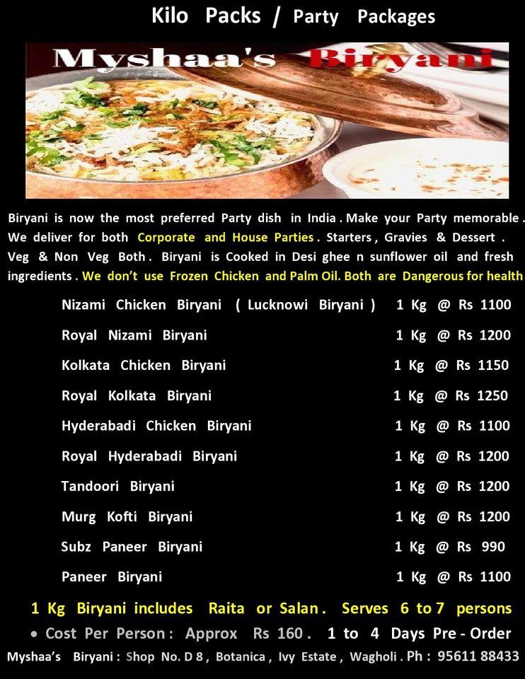 Mysha's Biryani menu