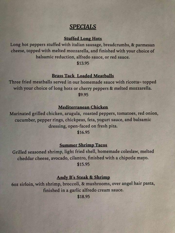 Menu at The Brass Tack restaurant, Frankfort