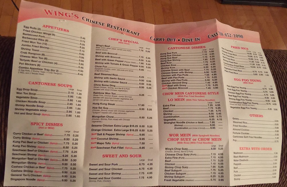 Menu at Wings Chinese Restaurant, Cicero