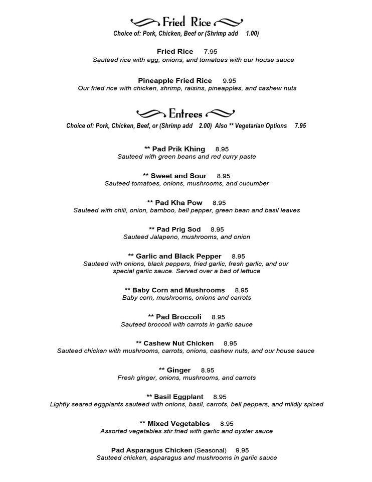 Menu at Thai House restaurant, Valley Springs