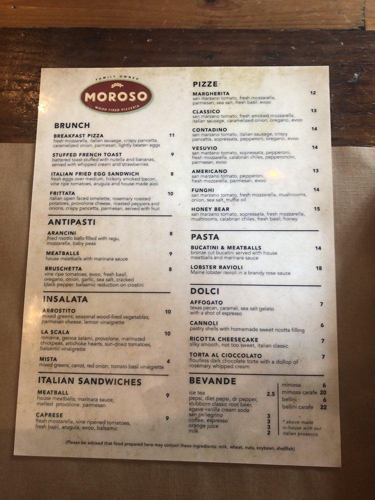 Menu at MOROSO Wood Fired Pizzeria, Waco