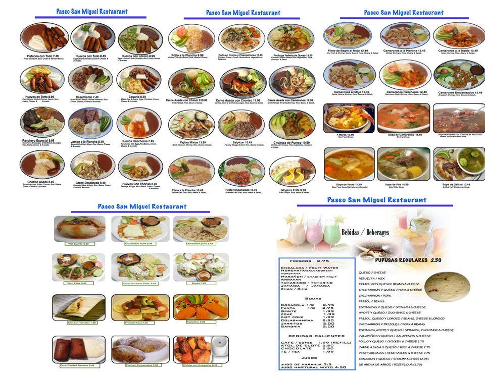Menu at Paseo San Miguel restaurant, Pico Rivera, Rosemead Blvd