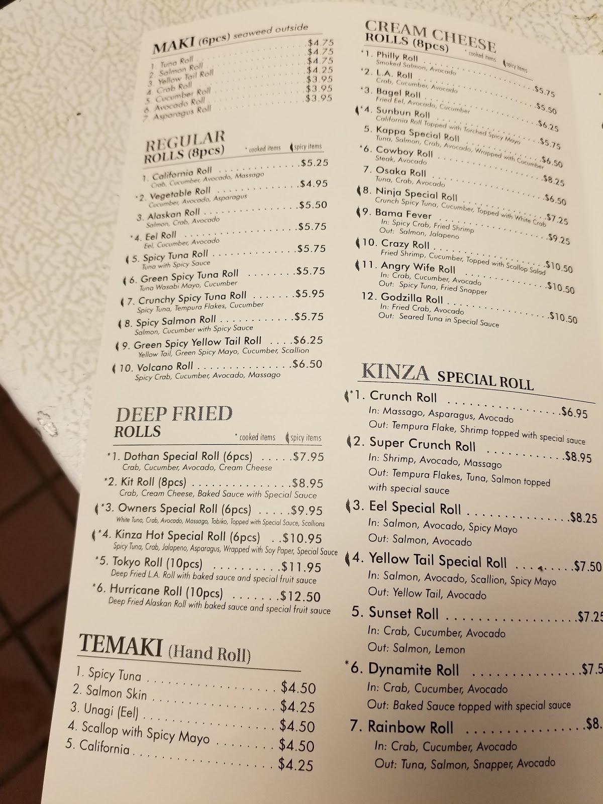 Menu at kinza restaurant, Dothan