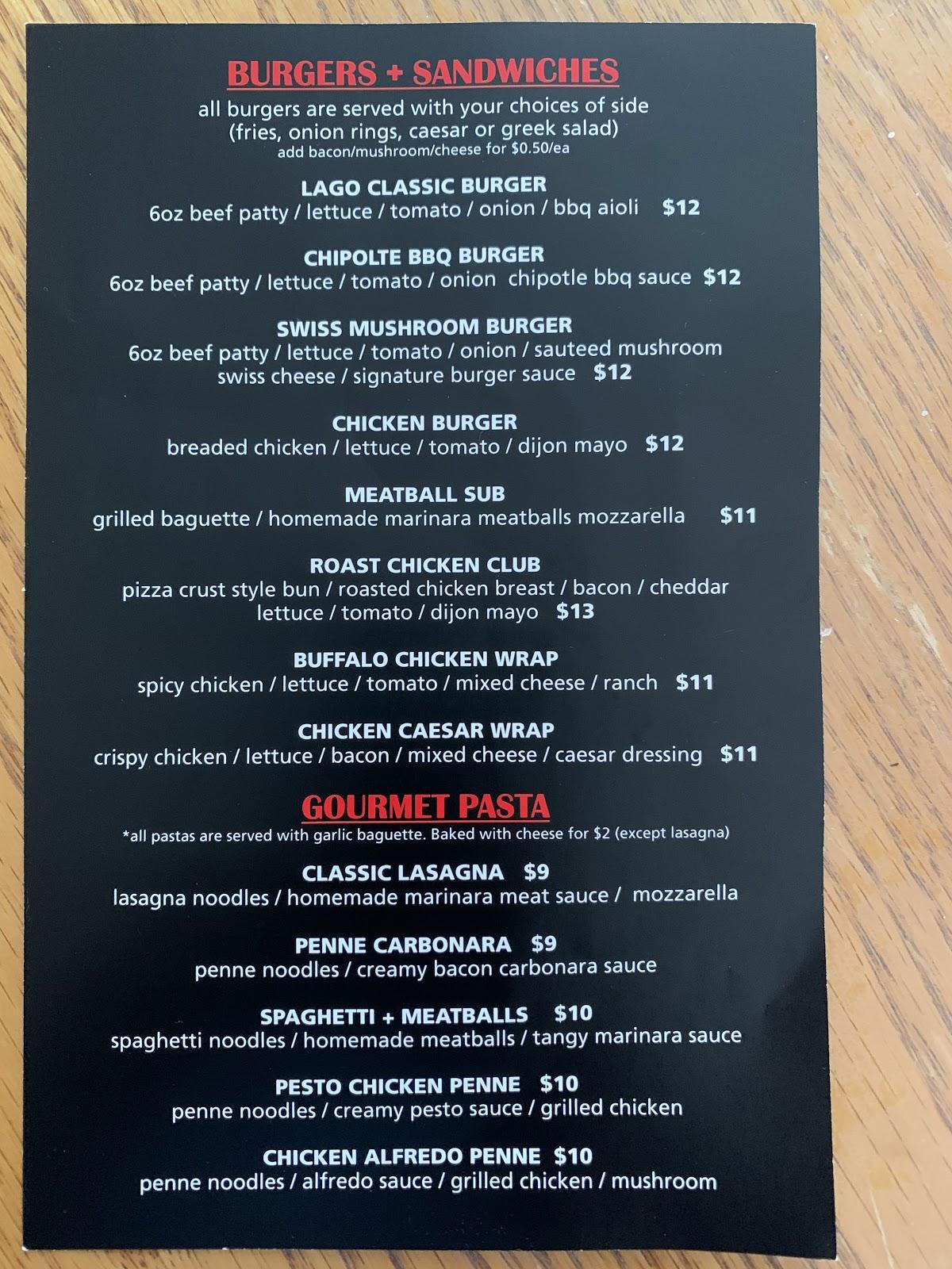Menu at Lago pizza and pasta pizzeria, Sylvan Lake