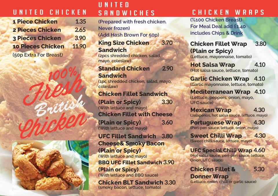 Menu at United Fried Chicken pizzeria, Braithwell