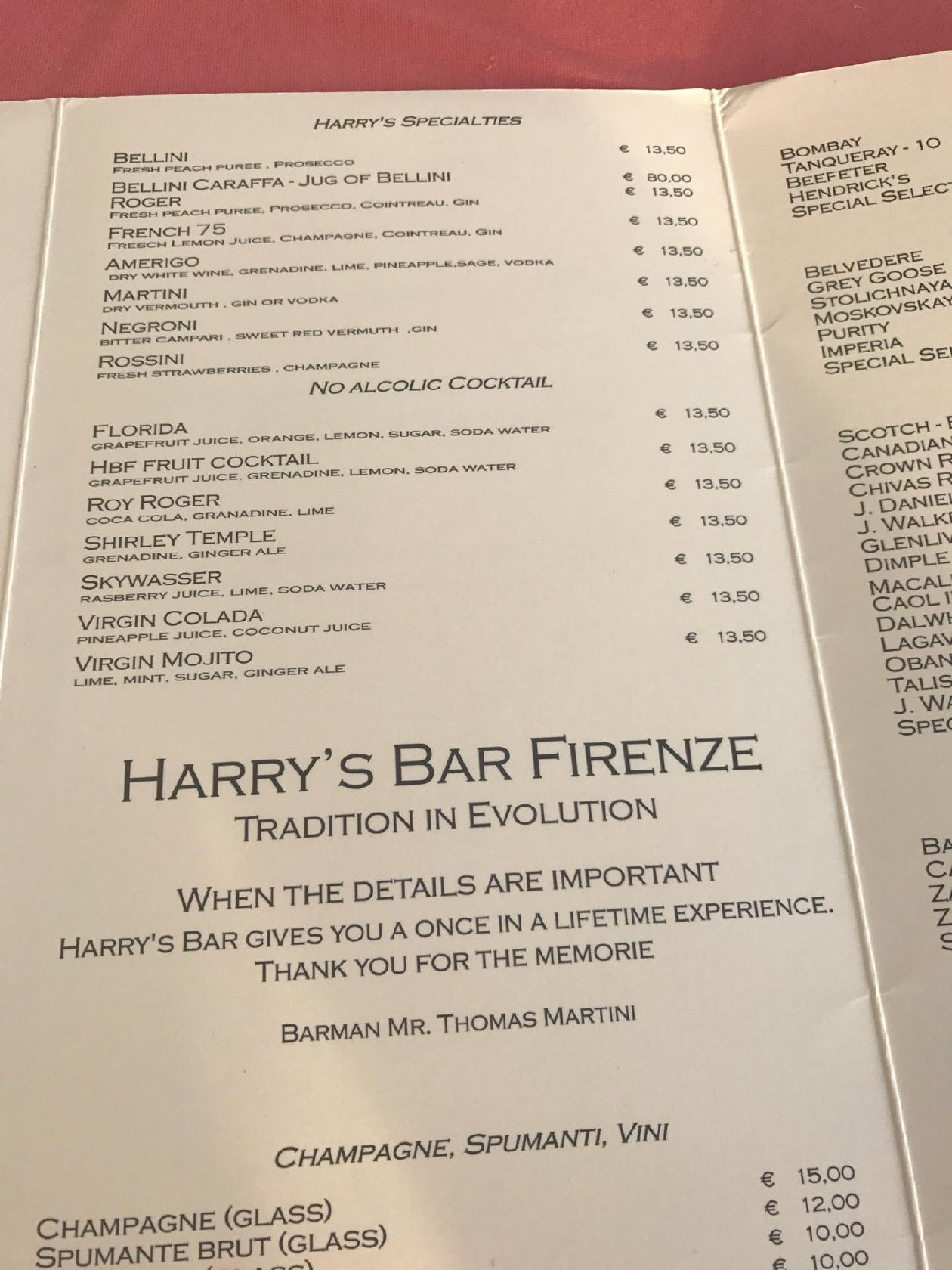 Menu at Harry's Bar Firenze, Florence, Lungarno Amerigo Vespucci