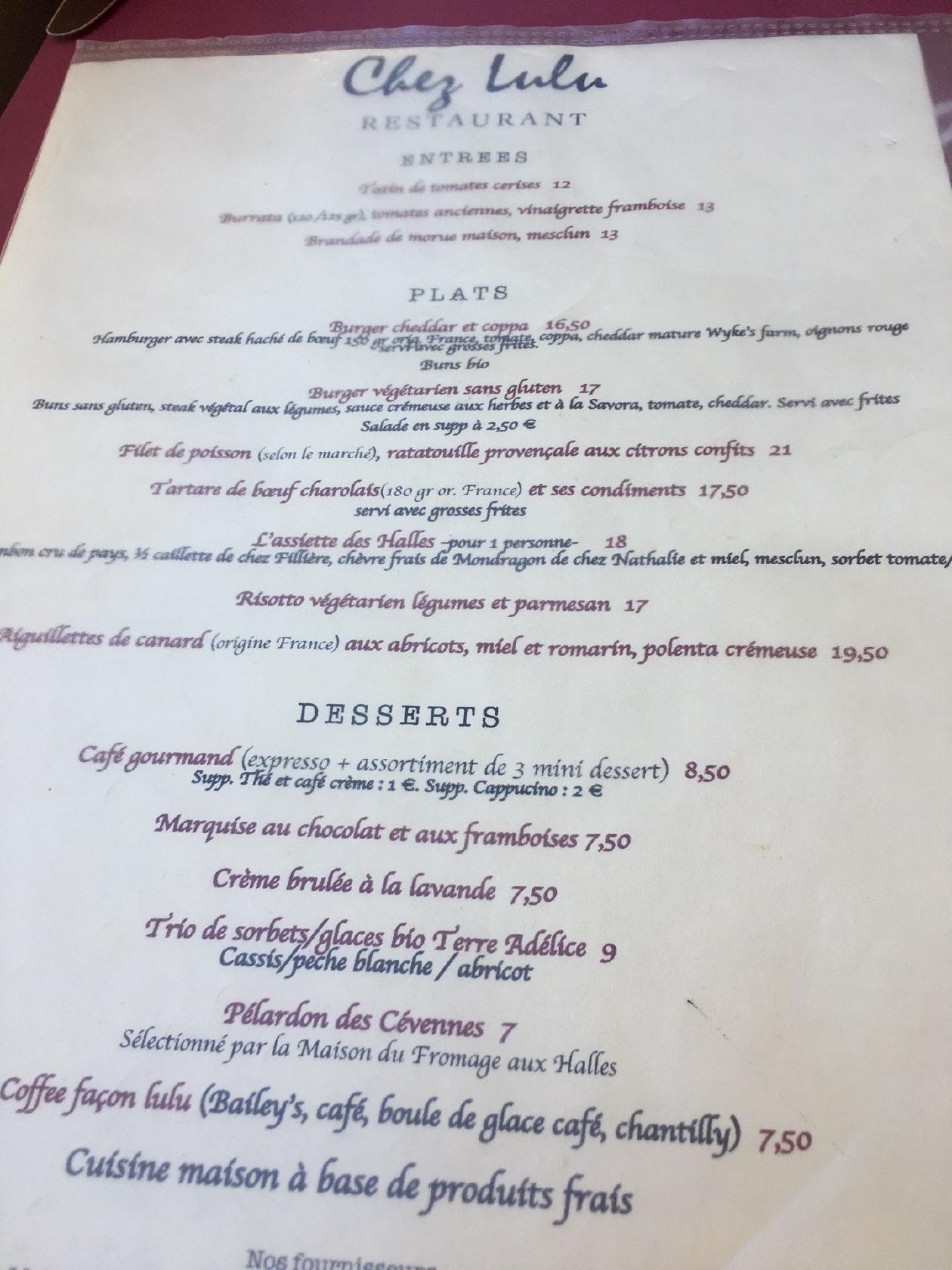 Menu de Chez Lulu