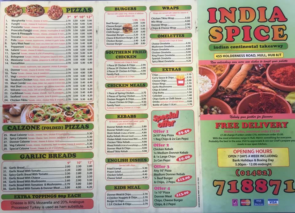 Menu at India Spice restaurant, Hull