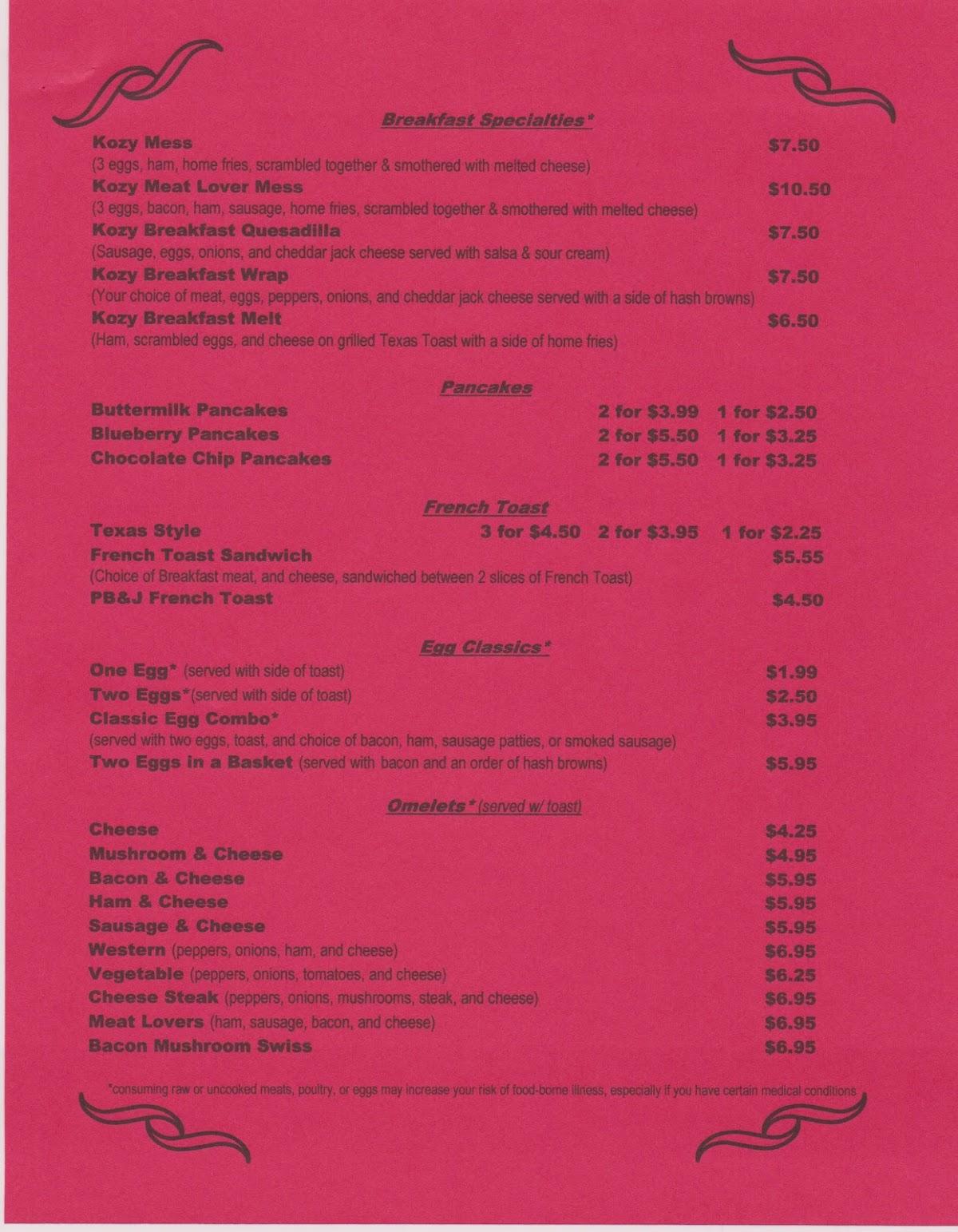 Menu at Kozy Korner Lunch restaurant, Benton