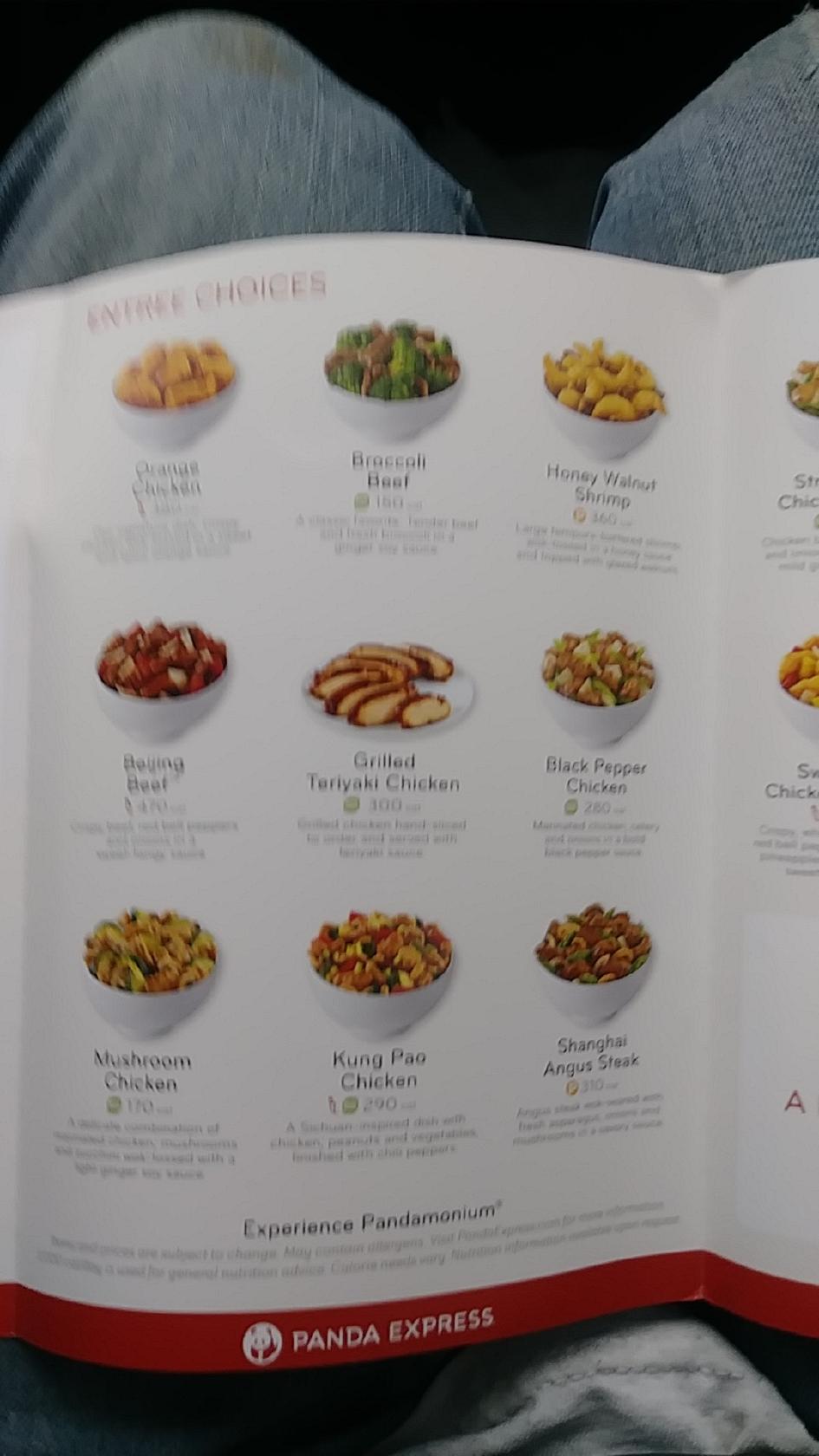 Menu at Panda Express fast food, Hinesville
