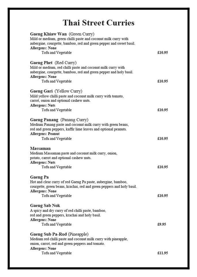 Menu at Thai Street Food restaurant, Worthing