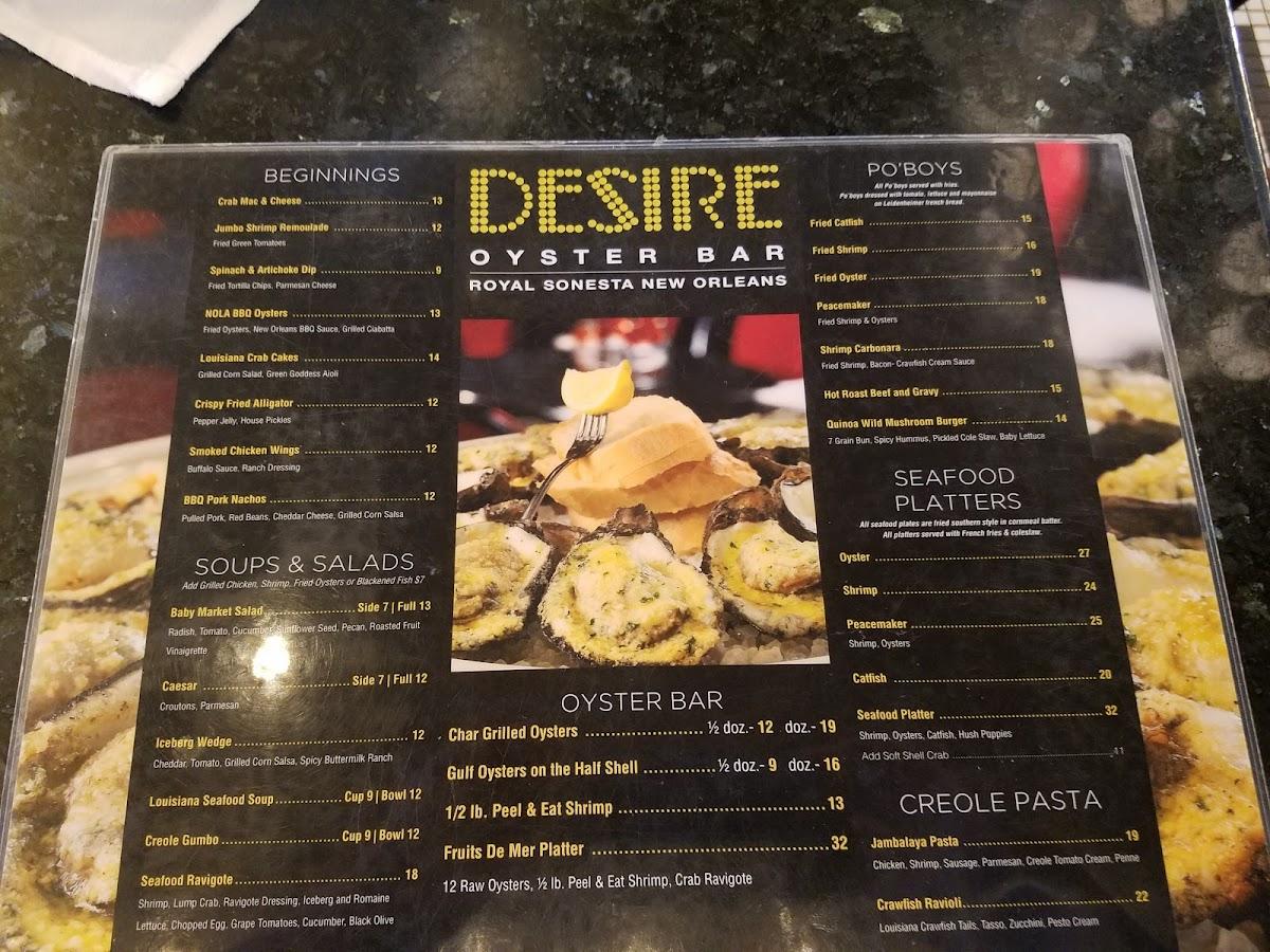 Menu at Desire Oyster Bar, New Orleans