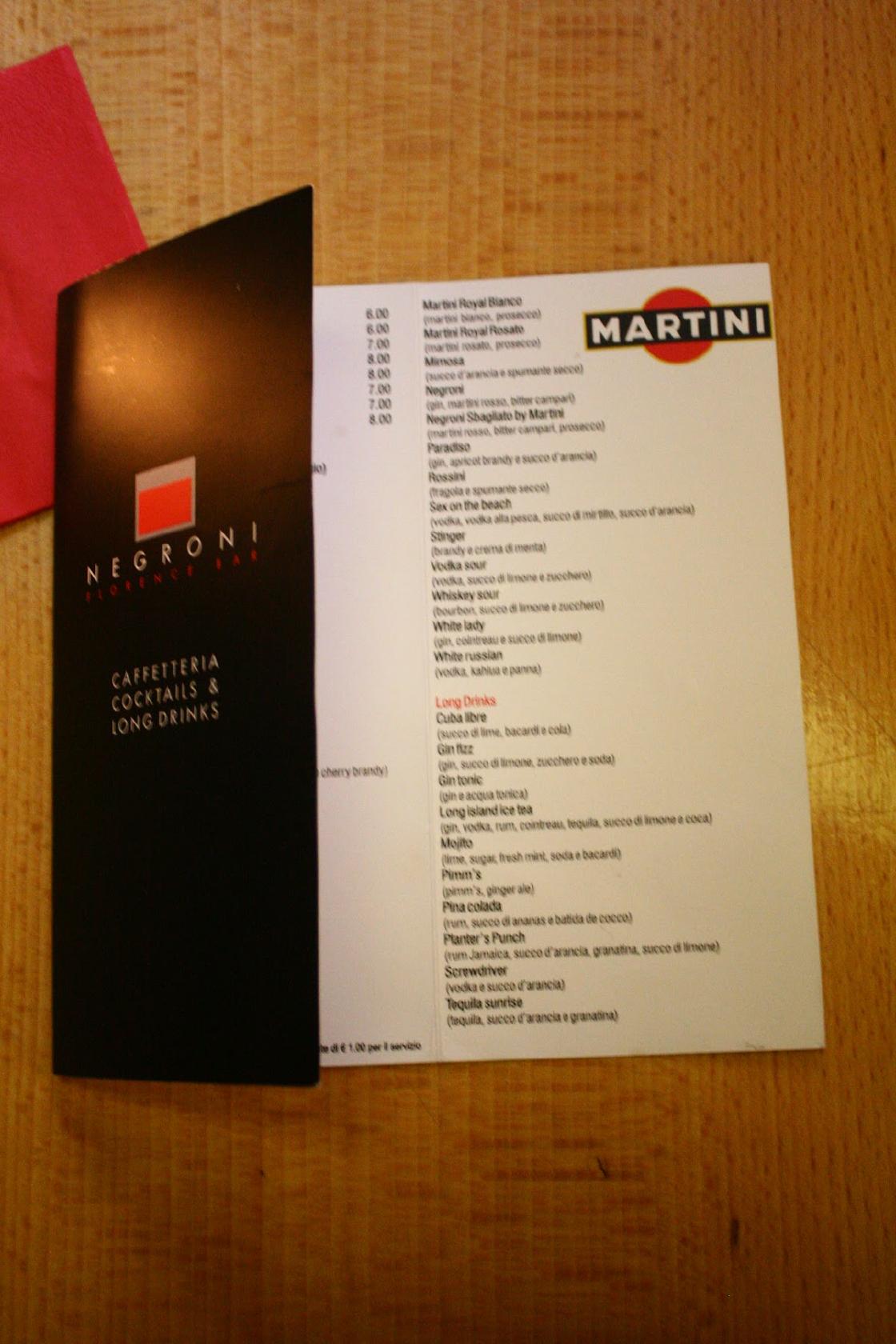 Menu at Negroni Pizzeria Piccola Osteria & Cocktail Bar, Florence