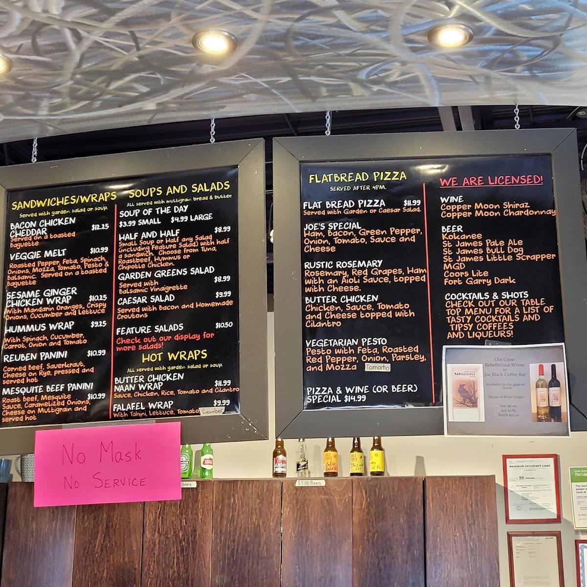 Menu at Joe Black Coffee & Bar, Winnipeg