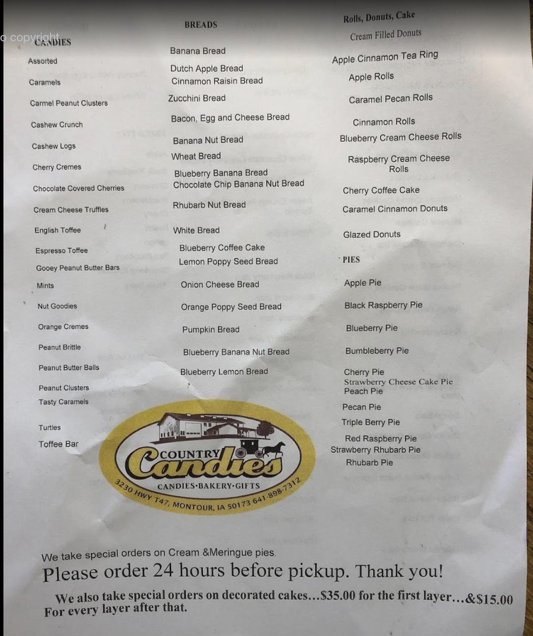 Menu at Country Variety, Montour