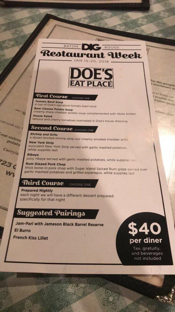 Menu at Doe's Eat Place steakhouse, Baton Rouge