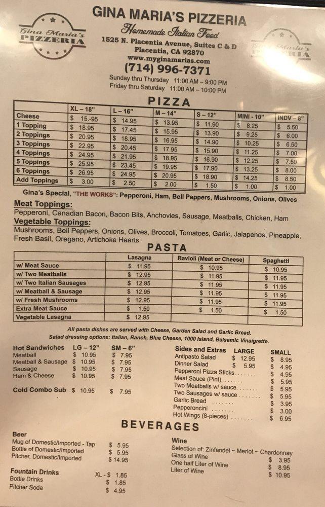 Carta de Gina Maria's Pizzeria, Placentia
