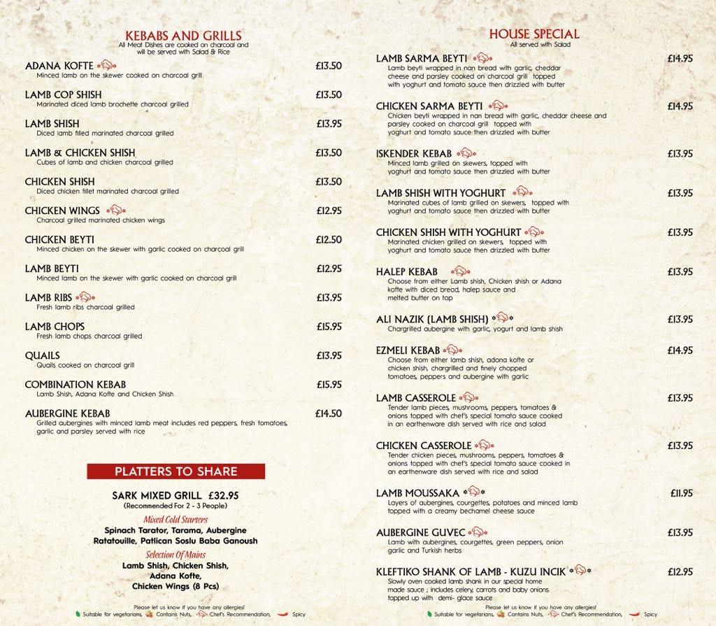 Menu at Sark Restaurant, Maldon, 102 High St