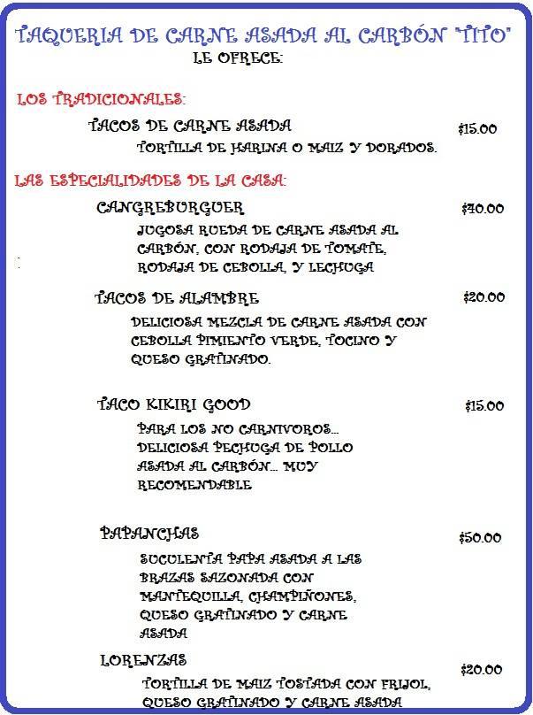 Menu at Tacos De Carne Asada Al Carbon "tito", Ciudad Obregón