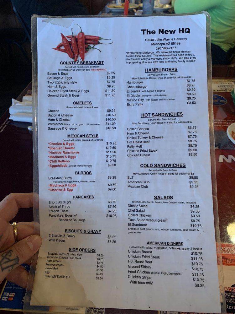 Menu at Headquarters Cafe, Maricopa, N Maricopa Rd