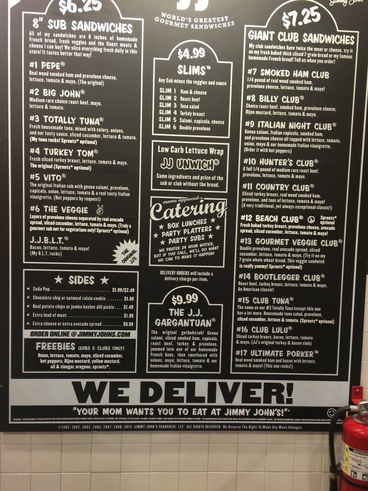 Menu at Jimmy John's fast food, Chicago, 225 Michigan Ave