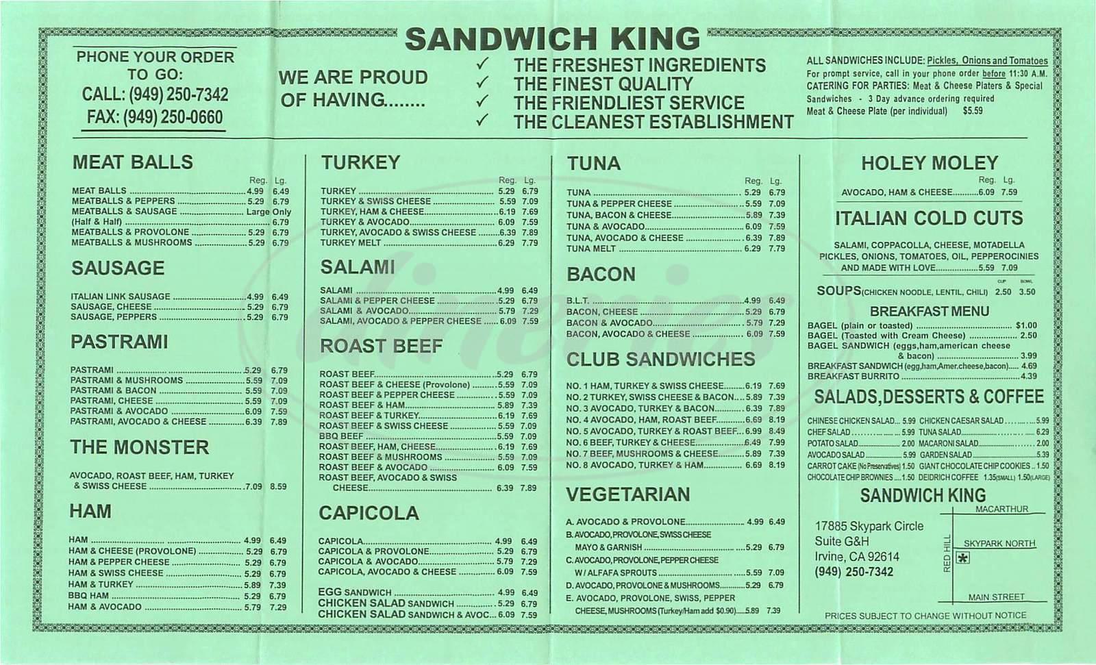 Carta del restaurante Sandwich King, Irvine