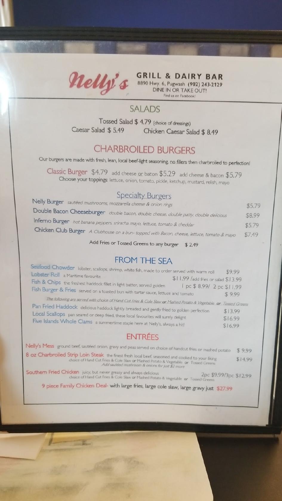 Menu at Nelly's Grill and Dairy Bar, Canada