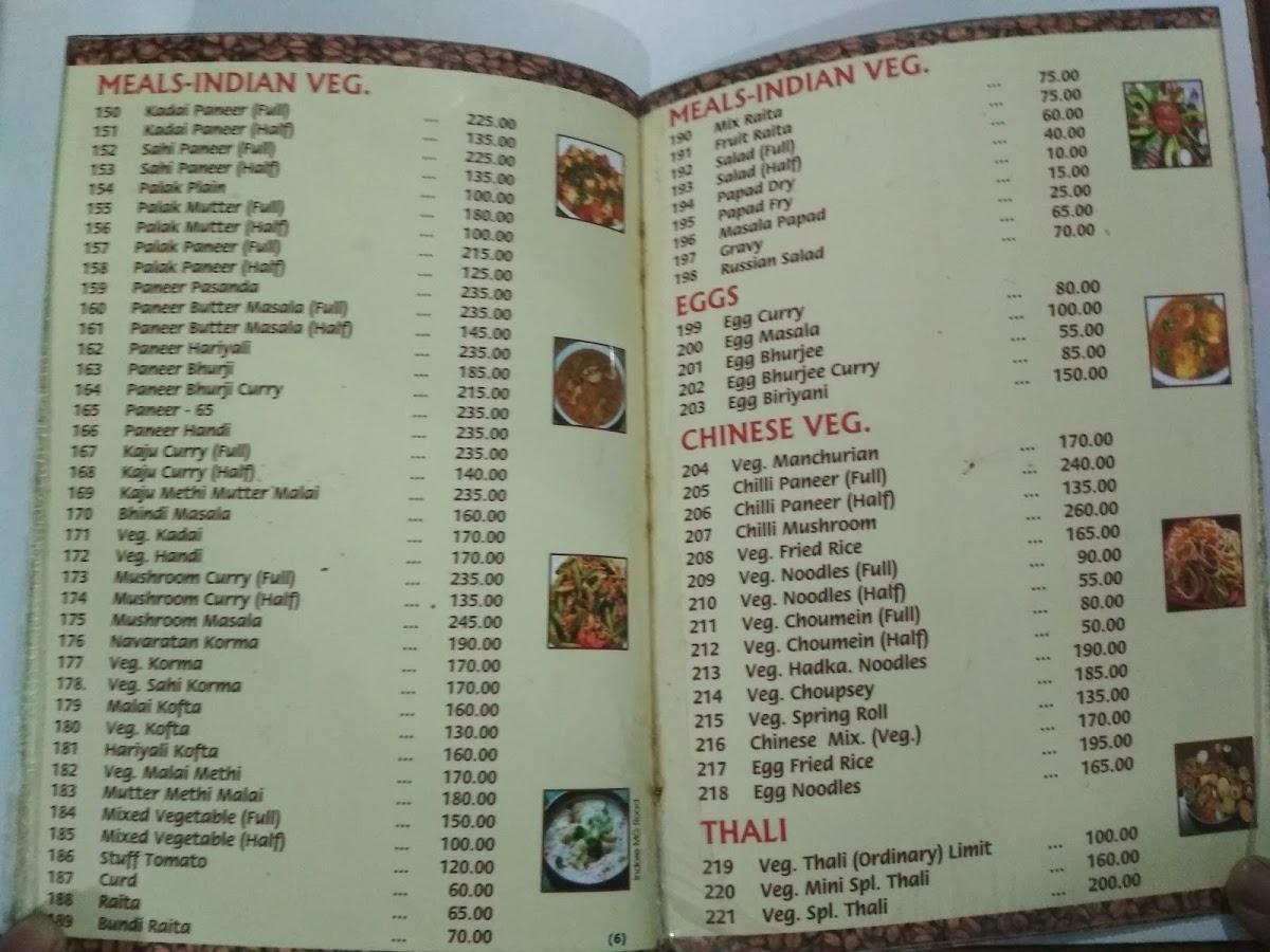 Menu at Indian Coffee House, Indore, District Court