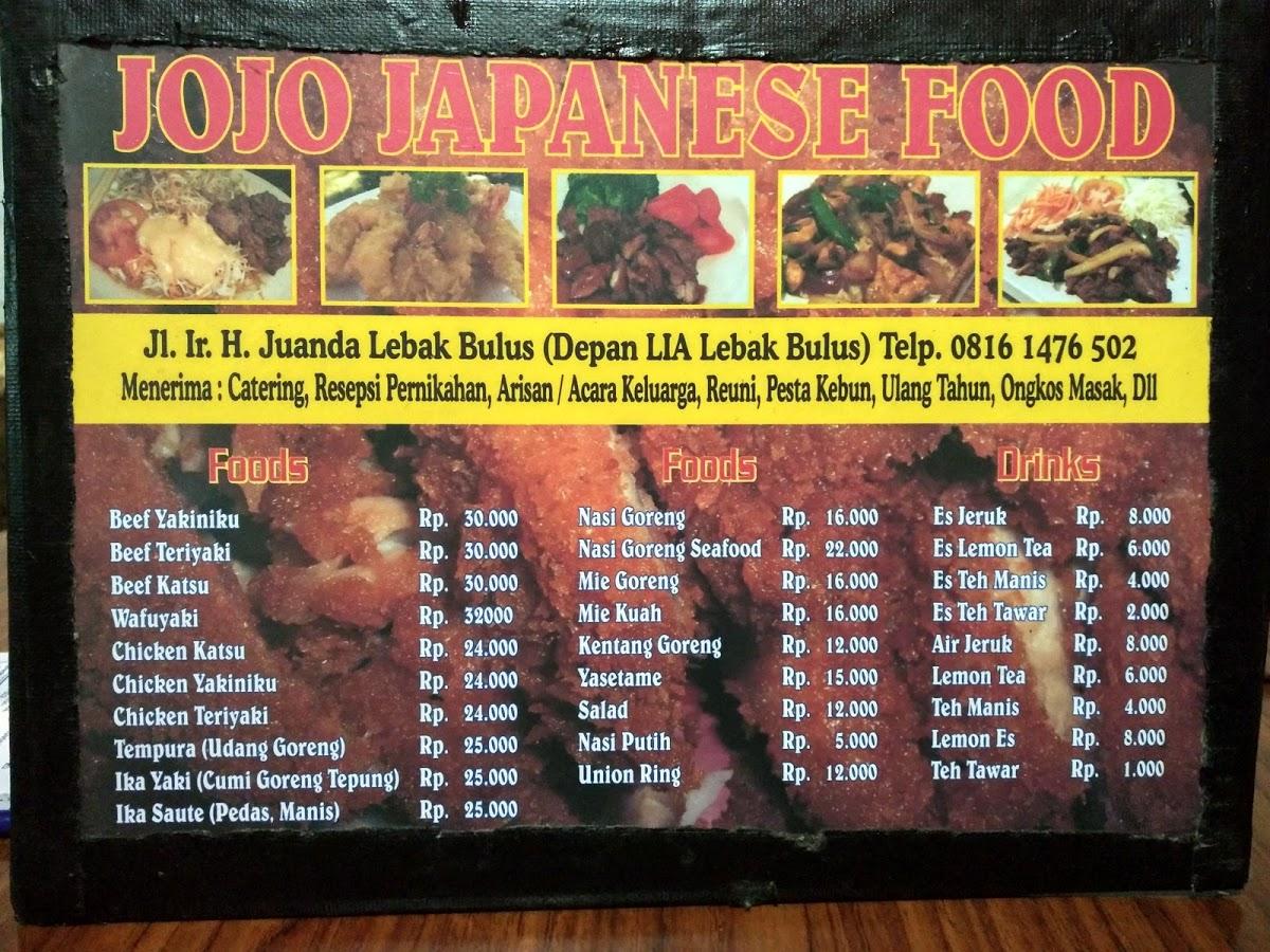 Menu at Jojo Japanese Food restaurant, South Tangerang