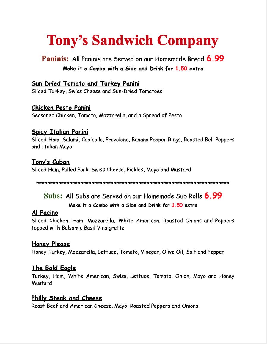 Menu at Tony's Sandwich Company restaurant, Chesnee