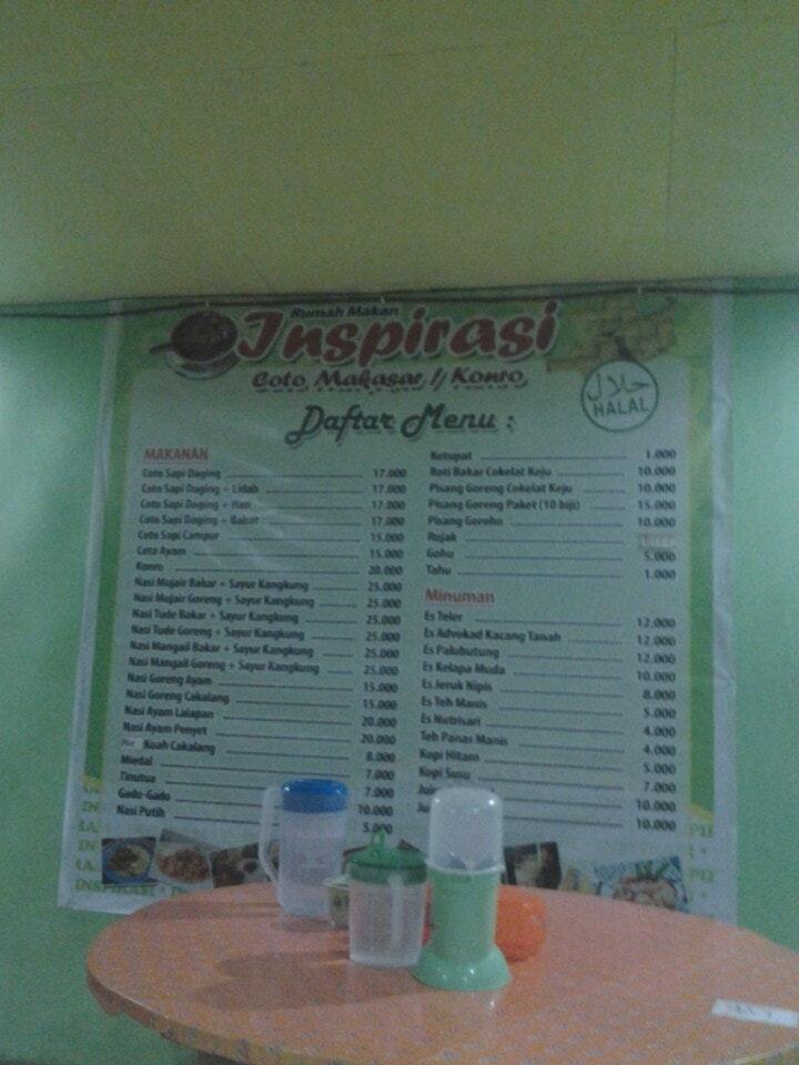 Menu at RM Inspirasi Coto Makassar restaurant, Tomohon