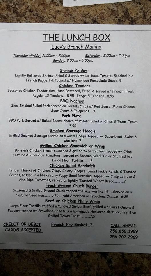 Menu at The Lunch Box, USA, Lucy'S Branch Marina