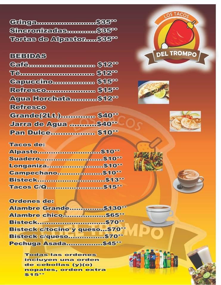 Menu at Los Tacos del Trompo restaurant, Mexico, camino real a mashala