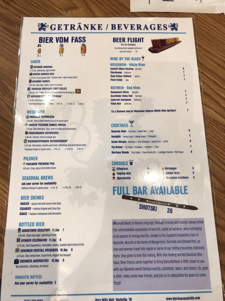 Menu At Bavarian Bierhaus Pub & Bar, Nashville, 121 Opry Mills Dr