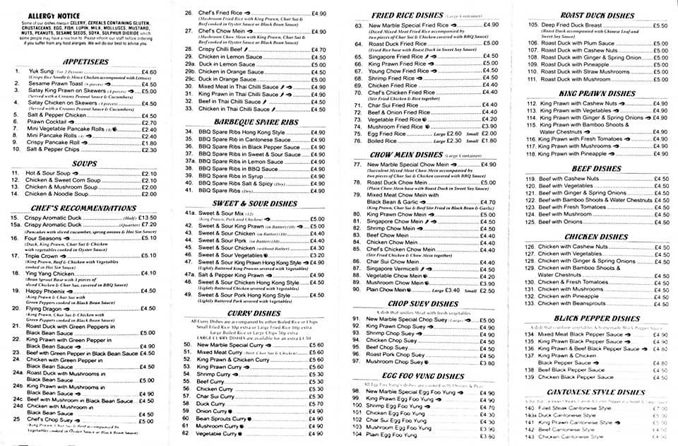 Menu at The New Marble fast food, Ilkeston