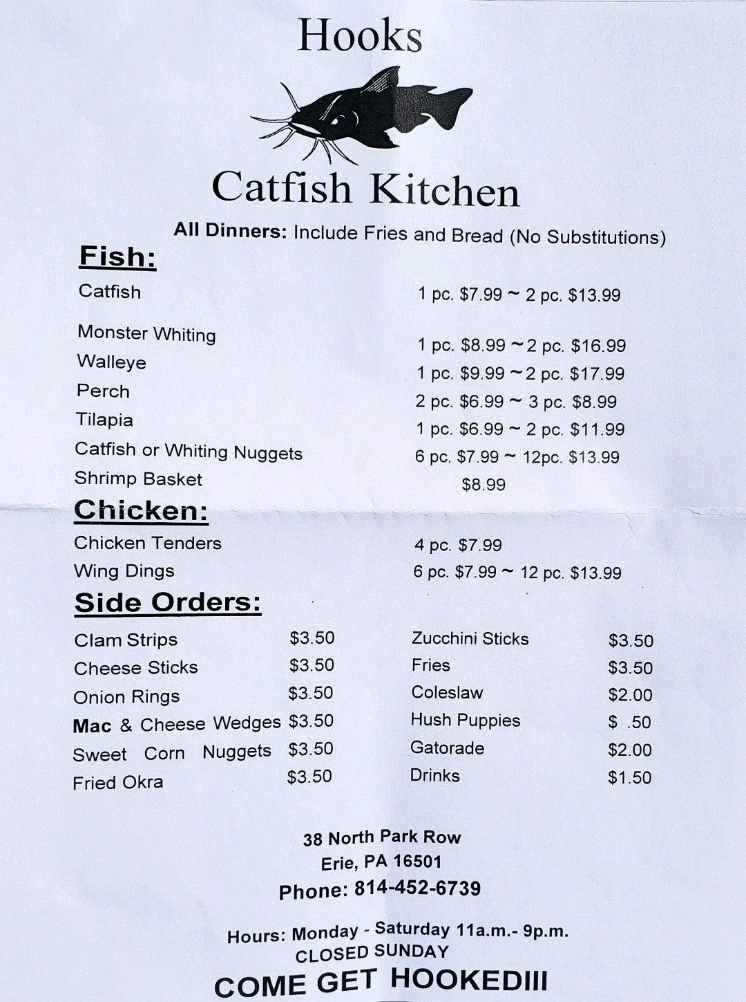 Menu at Hooks Catfish Kitchen restaurant, Erie, 38 N Park Row