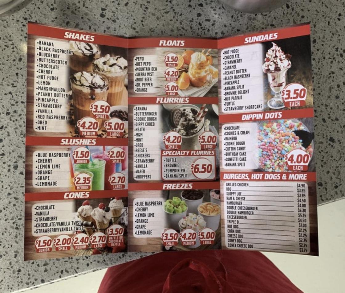 Menu at Lizton Dairy Bar, Lizton