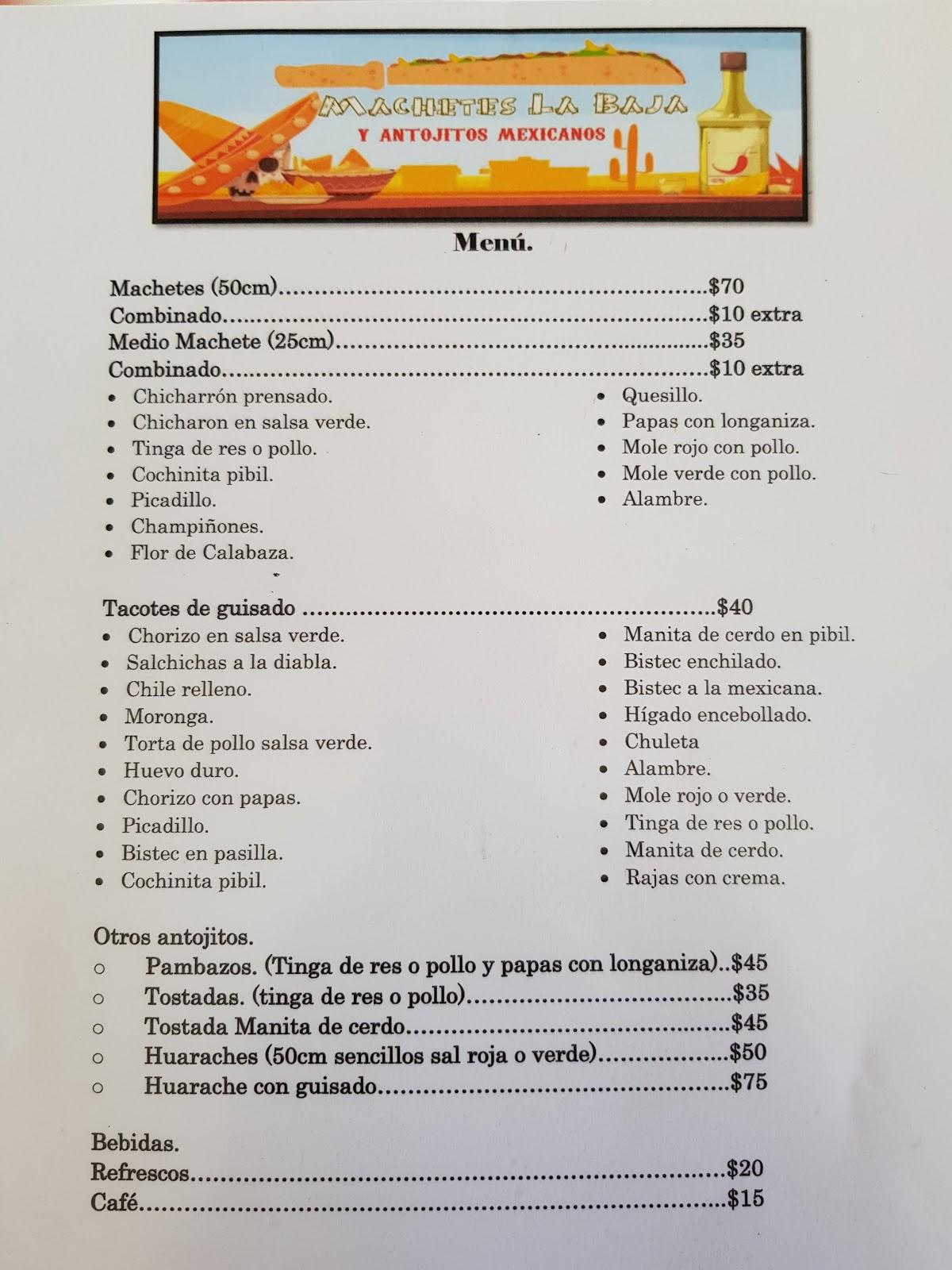 Menu at Machetes La Baja restaurant, Las Veredas